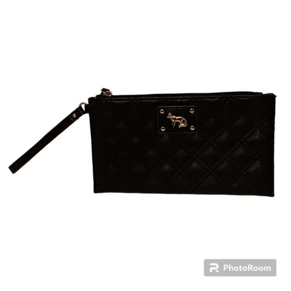 EMMA FOX BAG WRISTLET CLUTCH BLACK QUILTED LEATHER GOLD ACCENT ZIP TOP